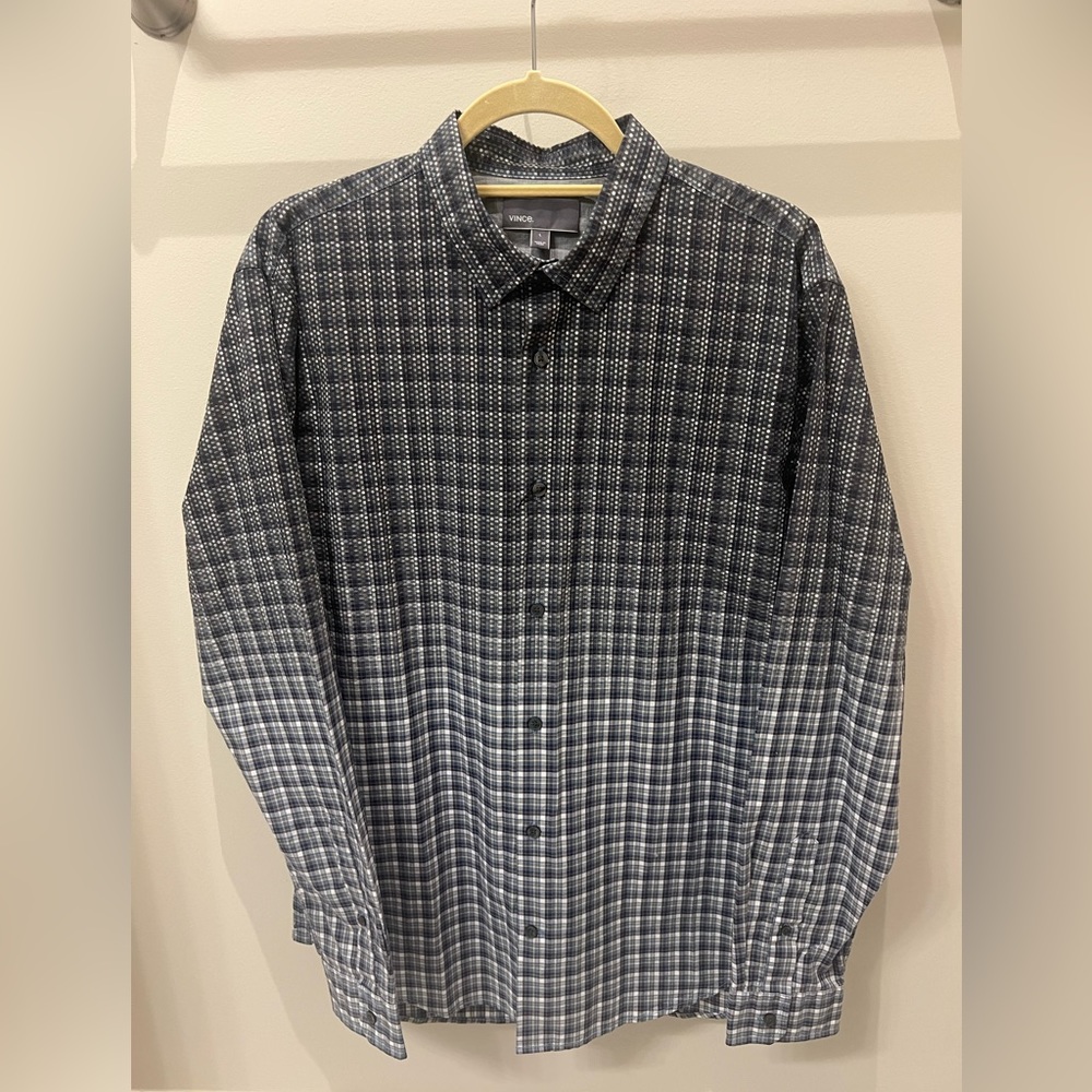 NEW Vince 100% Cotton Men’s Button Down in Black/Grey/White pattern, Size Large